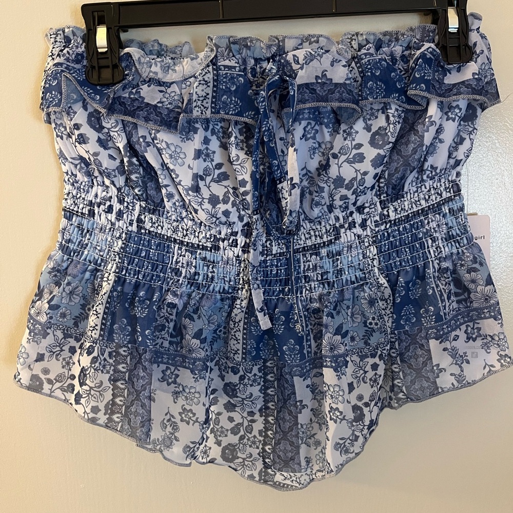Blue Floral Smocked Ruffle Tube Top